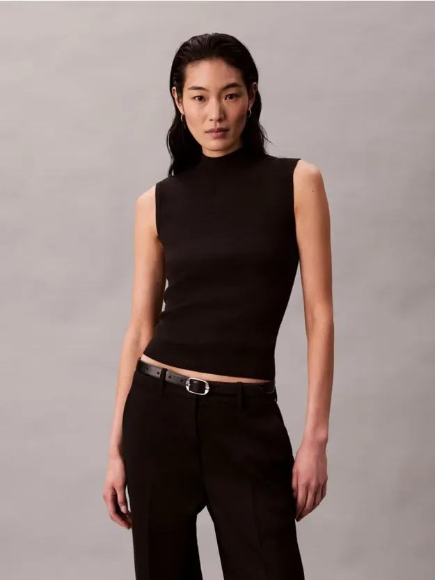 Black Viscose Blend Mock Neck Gilet