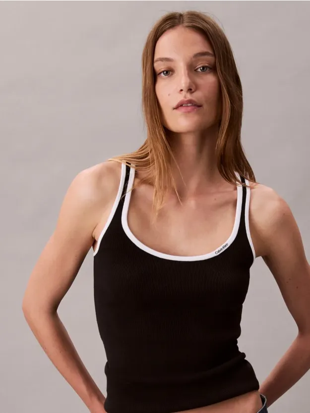 Black Combo Contrast Trim Ribbed Tank Top